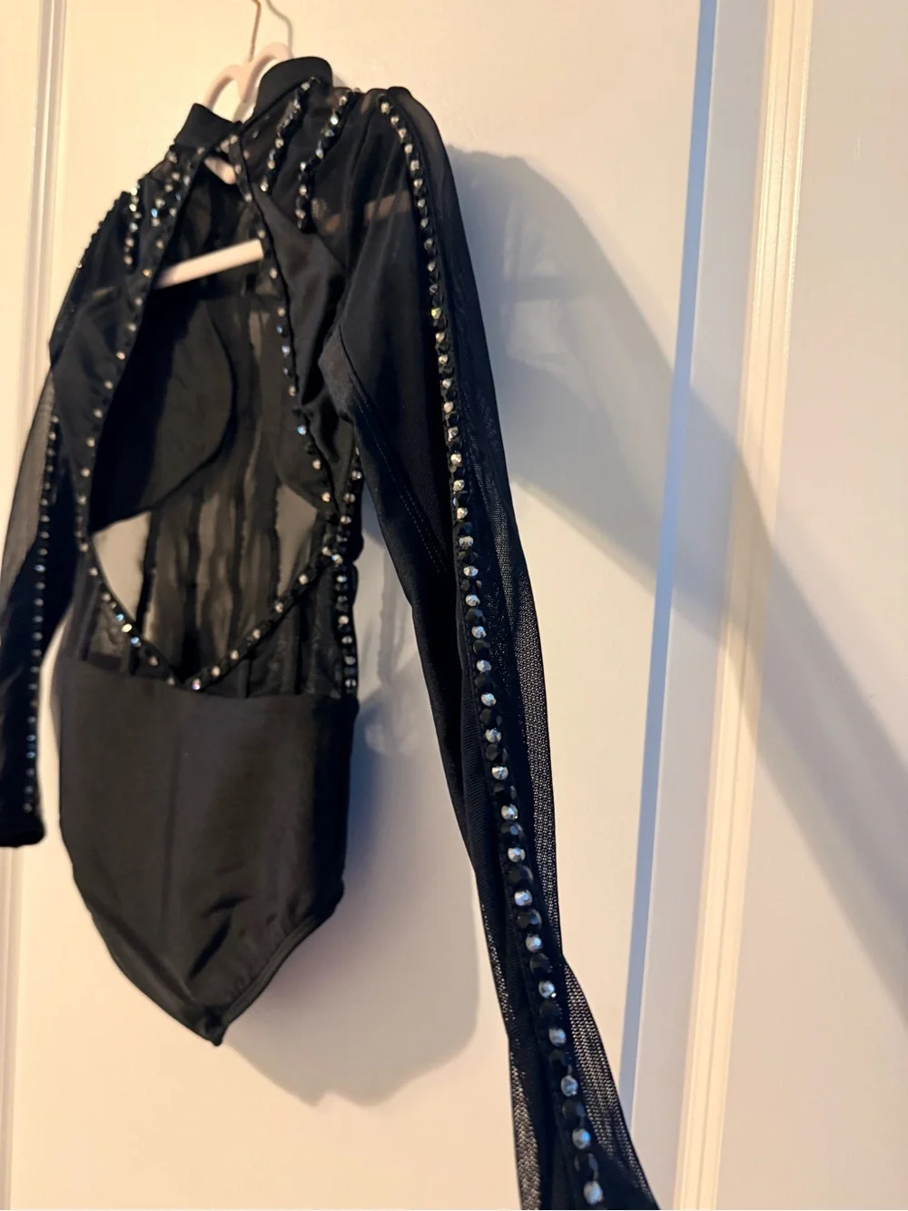 Black Embellished Mesh Kids One-Piece Leotard